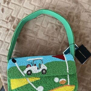 Beaded Golf Scene Crossbody Bag - Green & Blue